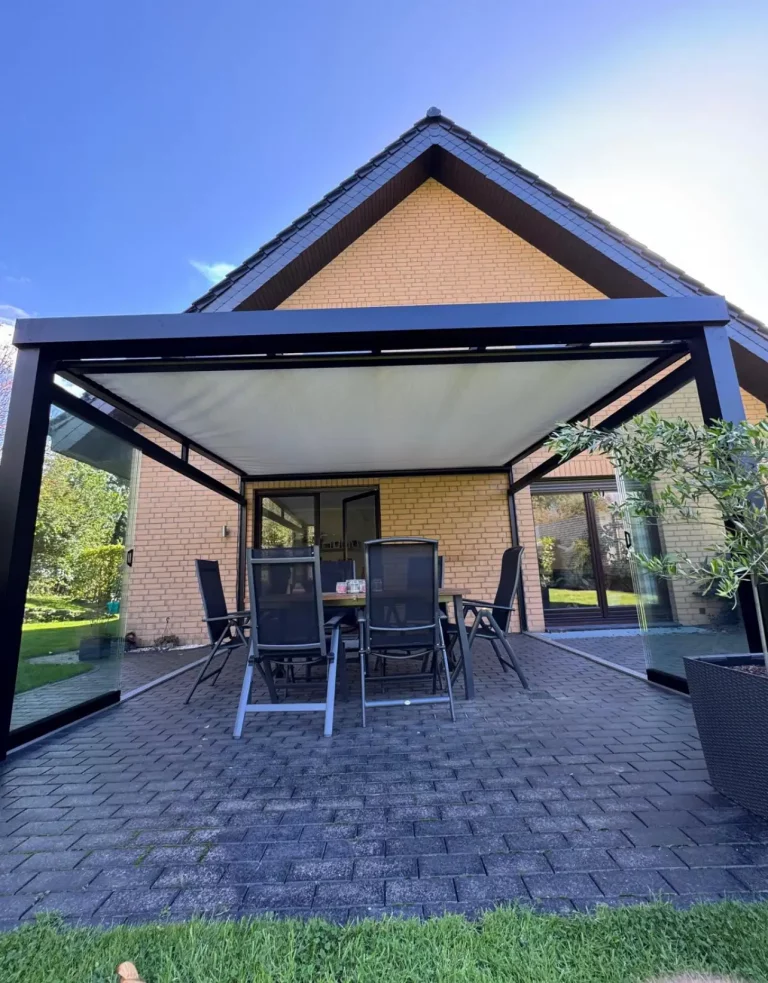 LEISTUNGEN 7 Ueberdachung Terrasse Sonneschutz Markise Unterdachmarkise Aluminium Anthrazit Freistehend Klares Glas Beschattung
