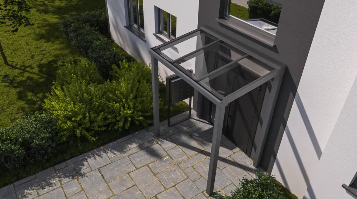 Eingangsüberdachung aus Aluminium und Glasdach – moderner Wetter- und Regenschutz